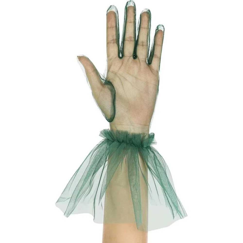 Women's Puffy Ruffle Green Tulle Sheer Mesh Party Prom One Size Short Gloves